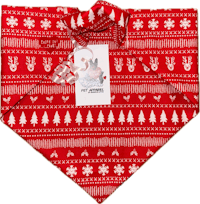 a red dog bandana with a christmas tree pattern